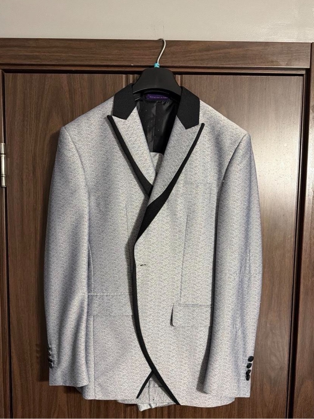 Men's Light Gray Blazer with Black Trim - Elegant Formal Jacket